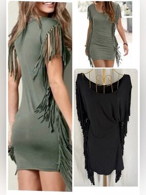 Lascana for VENUS BLACK Side Fringe Fringe Sleeve Bodycon Dress - Medium